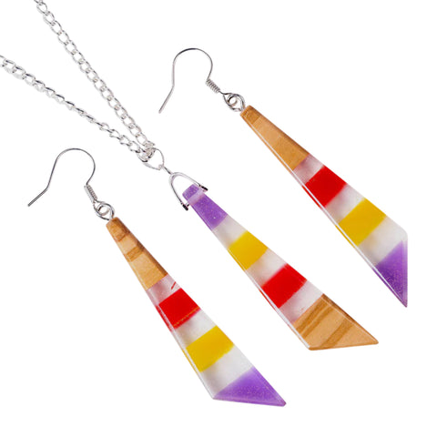 Set collana/orecchini triangolo irregolare Iris, legno d'ulivo