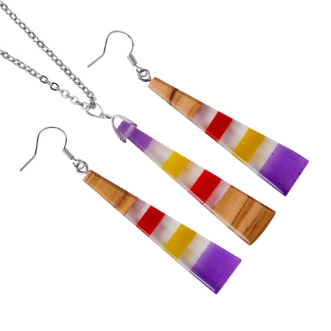 Set collana/orecchini triangolo Iris, legno d'ulivo