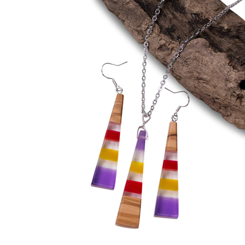 Set collana/orecchini triangolo Iris, legno d'ulivo