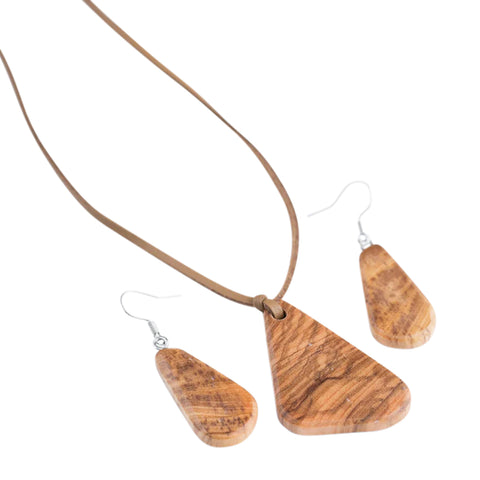 Set collana/orecchini a forma di goccia naturale, legno d'ulivo