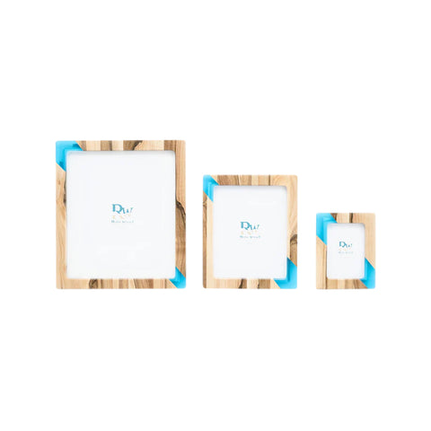 Portafoto Set da 3 pezzi, legno di noce, resina blu