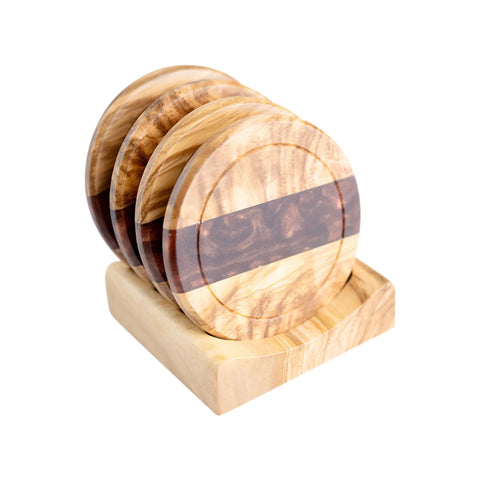 Set di sottobicchieri rotondi Horizon, 4 pezzi con supporto, legno di ulivo