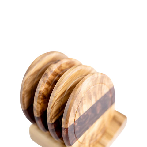 Set di sottobicchieri rotondi Horizon, 4 pezzi con supporto, legno di ulivo