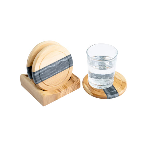 Set di sottobicchieri rotondi Horizon, 4 pezzi con supporto, legno di ulivo