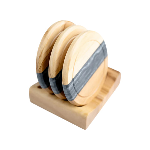 Set di sottobicchieri rotondi Horizon, 4 pezzi con supporto, legno di ulivo