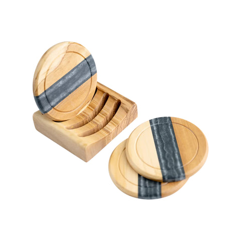 Set di sottobicchieri rotondi Horizon, 4 pezzi con supporto, legno di ulivo