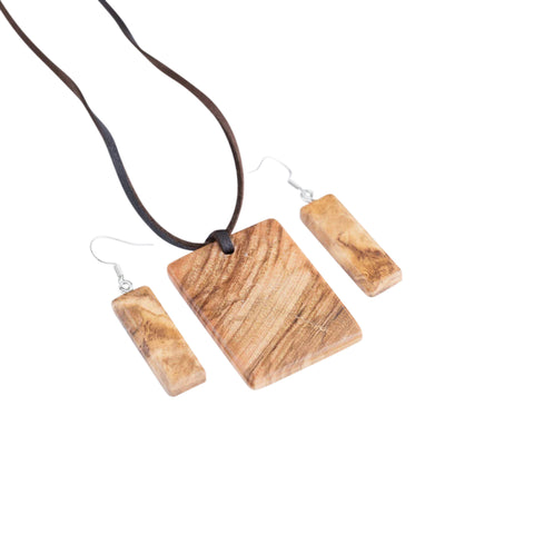 Set collana/orecchini rettangolari Natur, legno d'ulivo