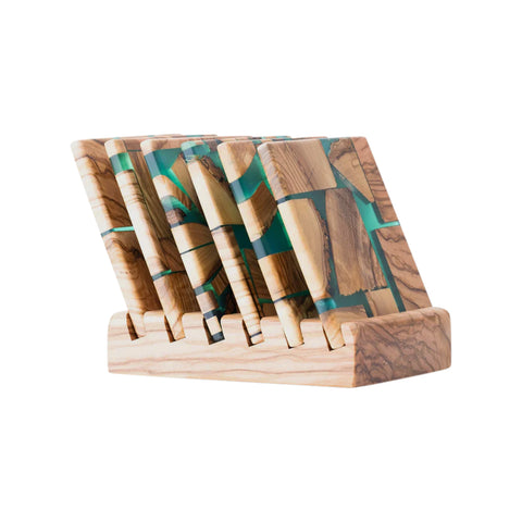 Set sottobicchieri Riciclo quadrati, 6 pezzi con supporto, legno di ulivo