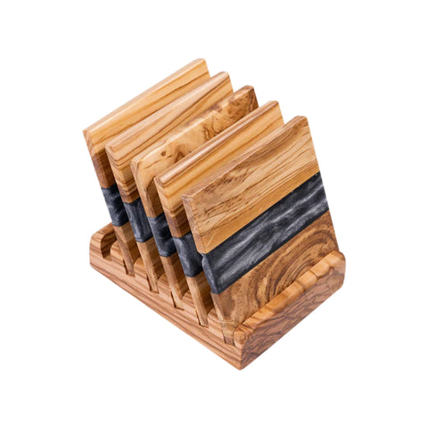 Set di sottobicchieri quadrati Horizon, 6 pezzi con supporto, legno di ulivo