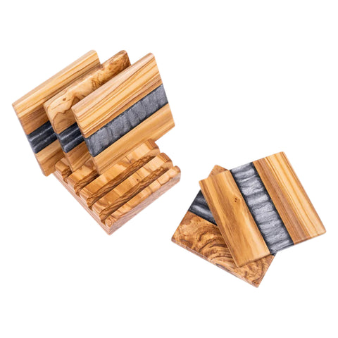 Set di sottobicchieri quadrati Horizon, 6 pezzi con supporto, legno di ulivo
