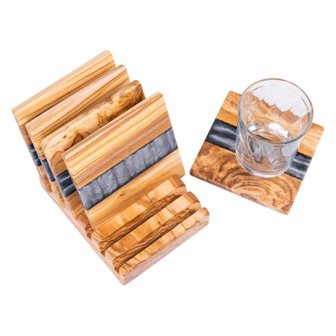 Set di sottobicchieri quadrati Horizon, 6 pezzi con supporto, legno di ulivo