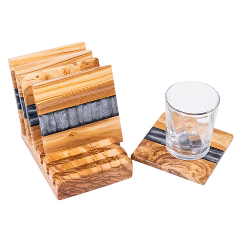 Set di sottobicchieri quadrati Horizon, 6 pezzi con supporto, legno di ulivo