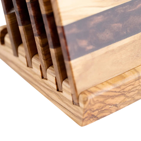 Set di sottobicchieri quadrati Horizon, 6 pezzi con supporto, legno di ulivo