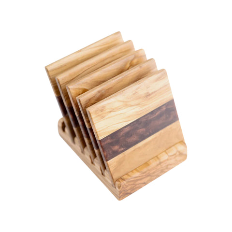 Set di sottobicchieri quadrati Horizon, 6 pezzi con supporto, legno di ulivo