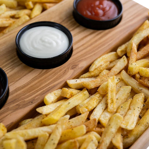 Vassoio per patatine fritte Talen con contenitori per salse, legno di ulivo
