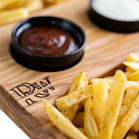 Vassoio per patatine fritte Talen con contenitori per salse, legno di ulivo