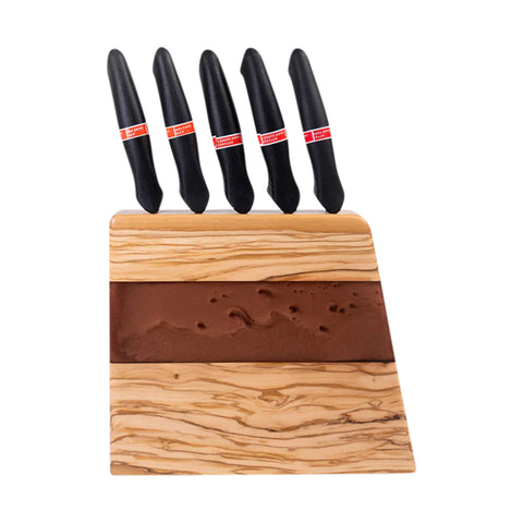 Ceppo portacoltelli Venus Vertical con 5 coltelli, legno d'ulivo