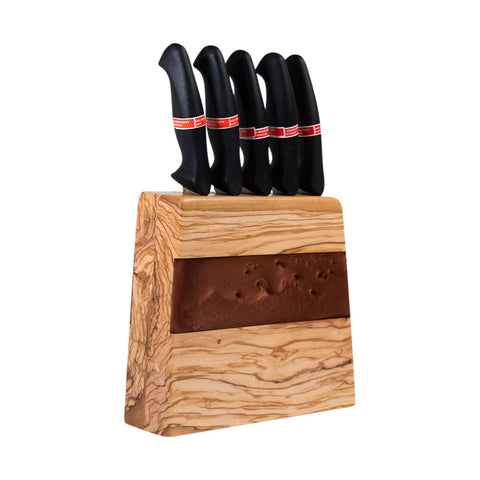 Ceppo portacoltelli Venus Vertical con 5 coltelli, legno d'ulivo