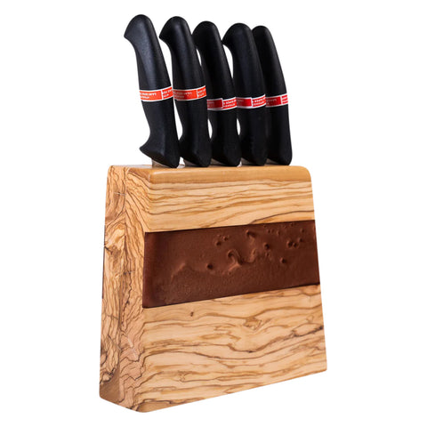 Ceppo portacoltelli Venus Vertical con 5 coltelli, legno d'ulivo