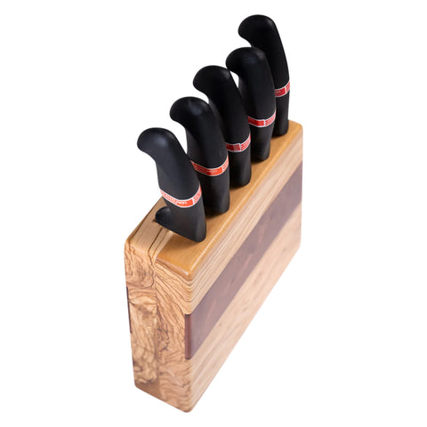 Ceppo portacoltelli Venus Vertical con 5 coltelli, legno d'ulivo