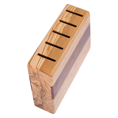 Ceppo portacoltelli Venus Vertical con 5 coltelli, legno d'ulivo