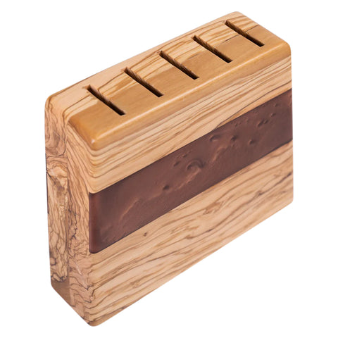Ceppo portacoltelli Venus Vertical con 5 coltelli, legno d'ulivo