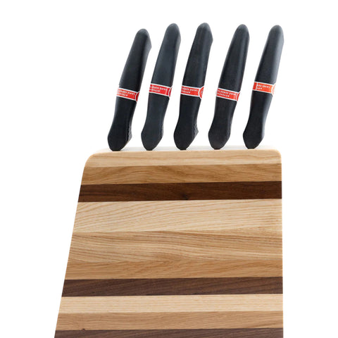 Blocco portacoltelli verticale Zebra con 5 coltelli, noce, frassino e legno di quercia