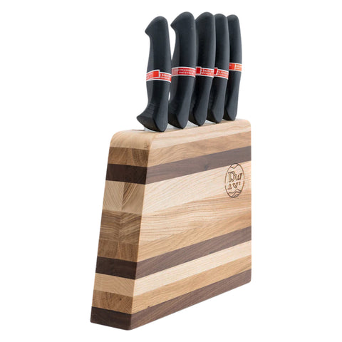 Blocco portacoltelli verticale Zebra con 5 coltelli, noce, frassino e legno di quercia