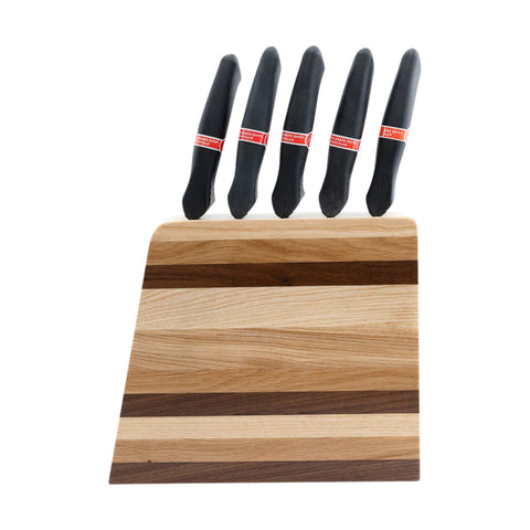 Blocco portacoltelli verticale Zebra con 5 coltelli, noce, frassino e legno di quercia