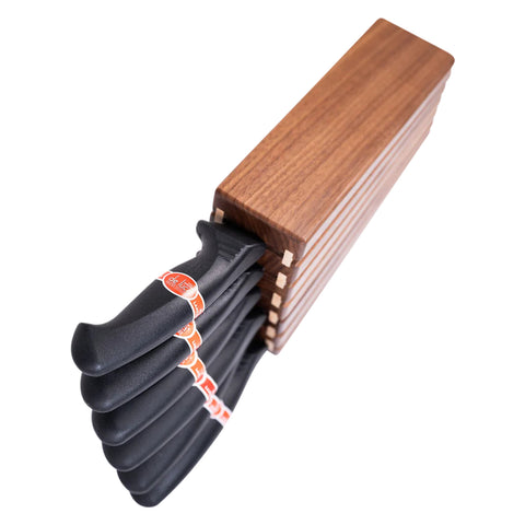 Ceppo portacoltelli Zebra Fan con 6 coltelli, legno di noce e frassino