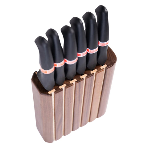 Ceppo portacoltelli Zebra con 6 coltelli, legno di noce e frassino