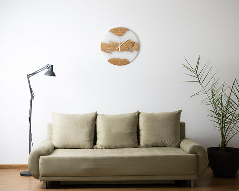 Costa Wall Clock, Oak - Transparent White Resin-ReinWood